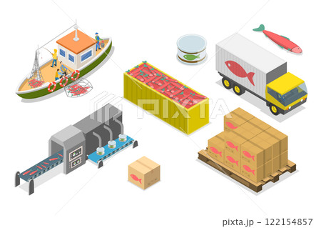 3D Isometric Flat  Set of Fish Production , Fishing Industry 122154857