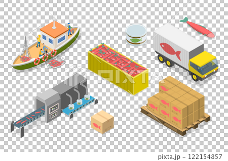3D Isometric Flat  Set of Fish Production , Fishing Industry 122154857
