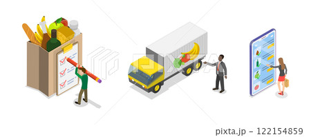 3D Isometric Flat Illustration of Grocery Food Delivery, Shipping of Farm Fresh Fruits and Vegetables 3D Isometric Flat Illustration of Grocery Food Delivery, Shipping of Farm Fresh Fruits and Vegetables 122154859
