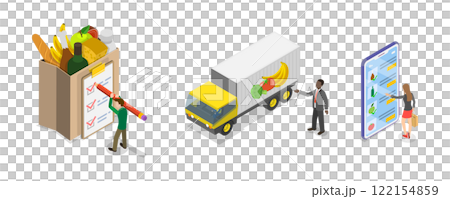 3D Isometric Flat Illustration of Grocery Food Delivery, Shipping of Farm Fresh Fruits and Vegetables 3D Isometric Flat Illustration of Grocery Food Delivery, Shipping of Farm Fresh Fruits and Vegetables 122154859