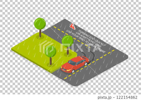 3D Isometric Flat Illustration of Rainy And Slippery Road, Tips and Rules for Safe Car Driving 3D Isometric Flat Illustration of Rainy And Slippery Road, Tips and Rules for Safe Car Driving 122154862