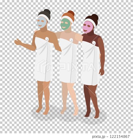 3D Isometric Flat Illustration of Anti-aging Procedure, Smiling Girls with Cosmetic Face Masks 3D Isometric Flat Illustration of Anti-aging Procedure, Smiling Girls with Cosmetic Face Masks 122154867