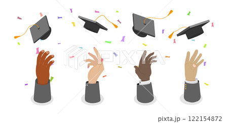 3D Isometric Flat  Set of Graduate Students, Peoples Hands Tossing Graduation Caps Up in Celebration 122154872