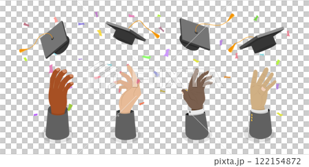 3D Isometric Flat  Set of Graduate Students, Peoples Hands Tossing Graduation Caps Up in Celebration 122154872