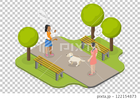 3D Isometric Flat  Illustration of Friend Walking With Pets, Smiling and Waving Each Other 122154873