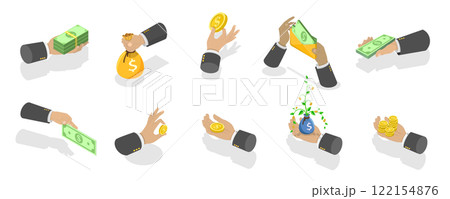 3D Isometric Flat  Illustration of Hands Holding Money in Various Forms, Coins, Banknotes, and Cash 122154876