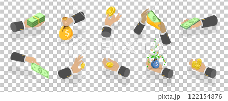 3D Isometric Flat  Illustration of Hands Holding Money in Various Forms, Coins, Banknotes, and Cash 122154876