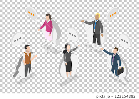 3D Isometric Flat Illustration of Business Discussion, Coworkers Engaging in Dialog and Group Discussion 3D Isometric Flat Illustration of Business Discussion, Coworkers Engaging in Dialog and Group Discussion 122154882
