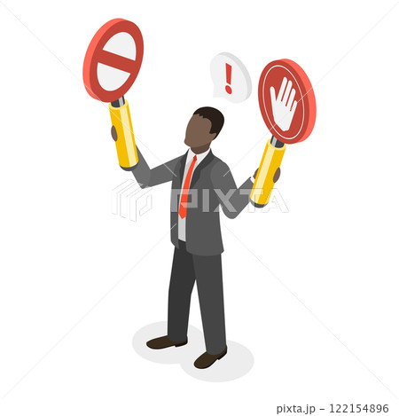 3D Isometric Flat  Illustration of Prohibited Or Restriction, Businessman Holding Forbidden and Stop Sign Symbolizing Illegal, Risky and Dangerous Activities 122154896