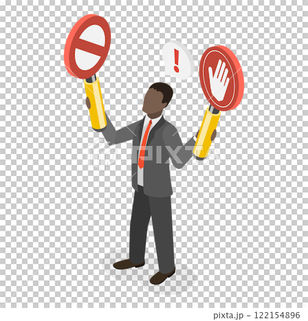 3D Isometric Flat  Illustration of Prohibited Or Restriction, Businessman Holding Forbidden and Stop Sign Symbolizing Illegal, Risky and Dangerous Activities 122154896