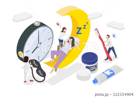 3D Isometric Flat  Illustration of Bedtime Routine, Nighttime Rituals for Better Sleep 122154904