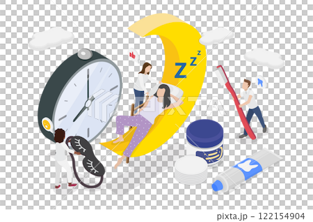 3D Isometric Flat  Illustration of Bedtime Routine, Nighttime Rituals for Better Sleep 122154904