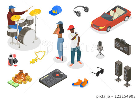 3D Isometric Flat  Illustration of Rap Music And Hip-hop Style, Graphic Elements Set 122154905