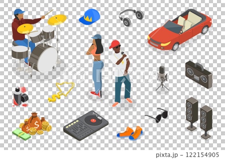3D Isometric Flat  Illustration of Rap Music And Hip-hop Style, Graphic Elements Set 122154905