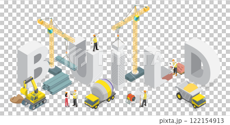 3D Isometric Flat  Illustration of Building, Costruction Site and Work Process 122154913
