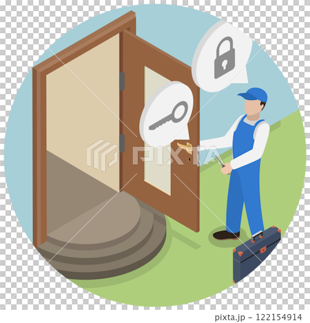 3D Isometric Flat Illustration of Professional Locksmith Repairing, Fixing Door Lock with Specialized Tools 3D Isometric Flat Illustration of Professional Locksmith Repairing, Fixing Door Lock with Specialized Tools 122154914