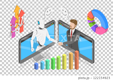 3D Isometric Flat Illustration of Partnership With AI, Artificial Intelligence Robot and Businessman Shaking Hands 3D Isometric Flat Illustration of Partnership With AI, Artificial Intelligence Robot and Businessman Shaking Hands 122154923