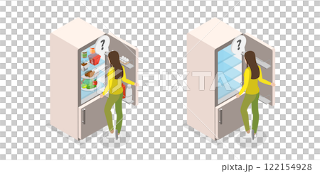 3D Isometric Flat  Illustration of Full And Empty Refrigerator, Kitchen Furniture and Elements 122154928
