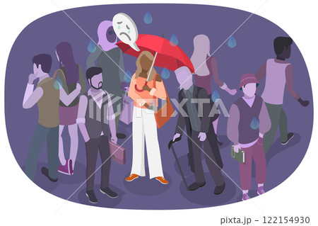 3D Isometric Flat Illustration of Anxiety, Alone in a Sea of Faces, Woman Feeling Isolated in Crowd 3D Isometric Flat Illustration of Anxiety, Alone in a Sea of Faces, Woman Feeling Isolated in Crowd 122154930