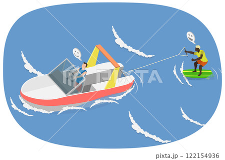 3D Isometric Flat Illustration of Wakeboarding, Extreme Sport in Sea Water 3D Isometric Flat Illustration of Wakeboarding, Extreme Sport in Sea Water 122154936