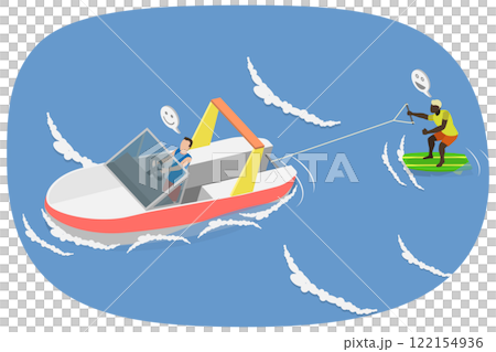 3D Isometric Flat Illustration of Wakeboarding, Extreme Sport in Sea Water 3D Isometric Flat Illustration of Wakeboarding, Extreme Sport in Sea Water 122154936