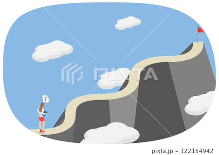 3D Isometric Flat  Illustration of Route To Success, Achieving a Goal at the Mountain Peak 122154942