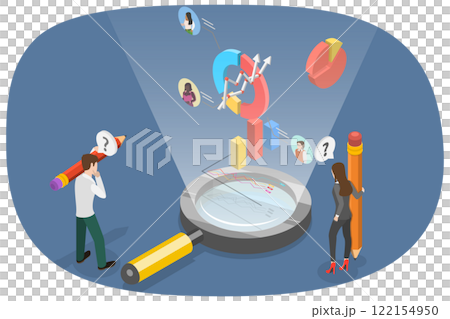 3D Isometric Flat  Illustration of Market Research, Competitor Analysis, and Social Media Reports 122154950