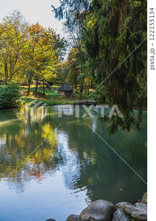 Visiting a peaceful park with a local history museum and antiques 122155134