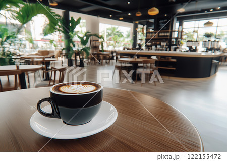 Hot Coffee on Wooden Table in Modern Cafe with Lush Plants and Cozy Atmosphere 122155472