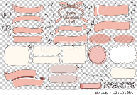 An easy-to-use frame set featuring hand-drawn ribbons, speech bubbles, and decorations. 122155660
