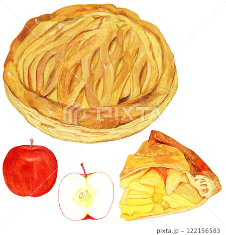 手描き水彩の美味しそうなアップルパイとりんごのイラストセット 手描き水彩の美味しそうなアップルパイとりんごのイラストセット 122156583