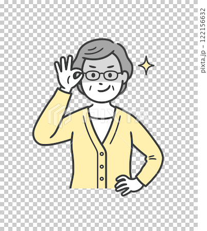 眼鏡を上げて悪巧みしてニヤける高齢女性 122156632