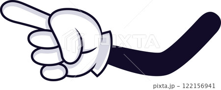 Cartoon hand wearing a white glove, pointing left with its index finger, created as an isolated vector illustration against a clean white background 122156941