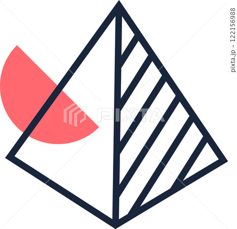 Abstract geometric composition featuring a striped pyramid intersecting a semicircle, creating a visually striking design with contrasting shapes and lines 122156988