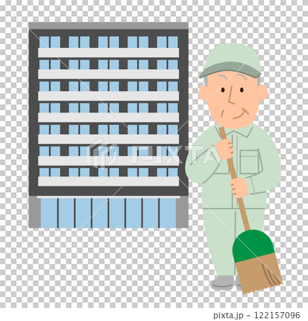 マンションの清掃をする清掃員のシニア男性② マンションの清掃をする清掃員のシニア男性② 122157096