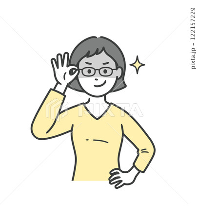 眼鏡を上げて悪巧みしてニヤける若い女性 122157229