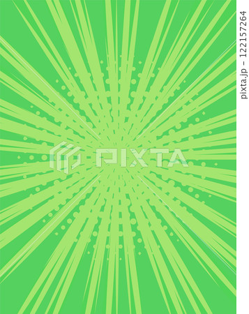 Vibrant green comic book cartoon background featuring radiating speed lines and halftone dots, creating an energetic burst of motion and dynamic action throughout the design 122157264