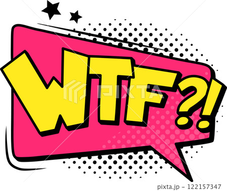 Colorful wtf speech bubble bursting with vibrant hues, expressing surprise, confusion, and disbelief, adorned with playful halftone dots and whimsical stars in retro comic book style 122157347