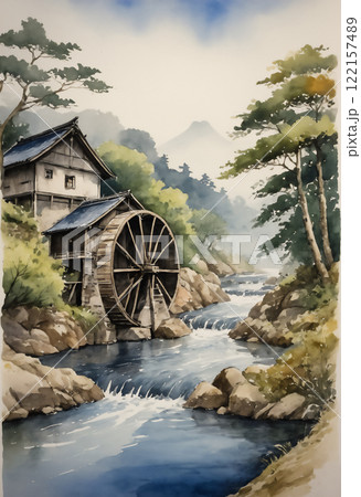 川沿いに建つ田舎の水車小屋「AI生成画像」 122157489