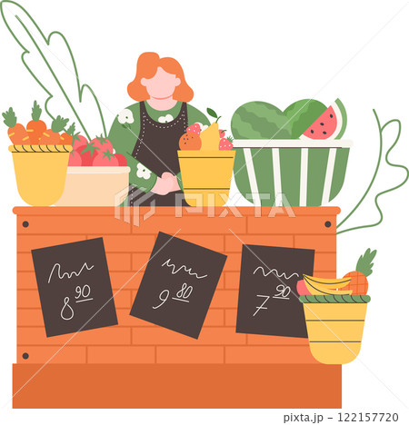 Female greengrocer standing behind her stall selling fresh fruit and vegetables like carrots, tomatoes, watermelons, strawberries, oranges and bananas, with price tags hanging on the brick wall 122157720