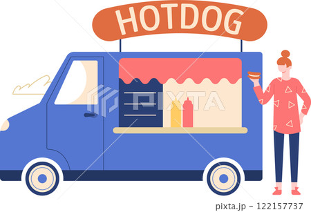 Customer holding a hot dog while standing near a vibrant blue food truck, showcasing bottles of mustard and ketchup on the counter, enjoying a delicious street food experience Customer holding a hot dog while standing near a vibrant blue food truck, showcasing bottles of mustard and ketchup on the counter, enjoying a delicious street food experience 122157737