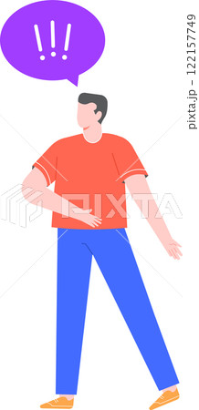 Young man standing with his legs apart and one hand on his stomach, reacting to a purple speech bubble containing three white exclamation marks, expressing surprise or alert 122157749