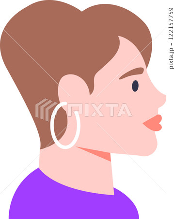 Side view portrait of confident young woman with short brown hair, wearing large hoop earrings and a purple shirt, representing modern style and individuality 122157759