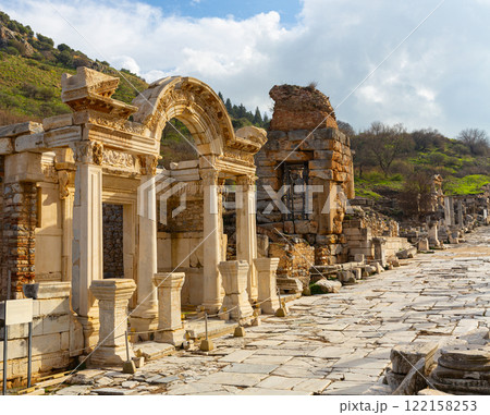 Ruins of ancient temple of Hadrian in Ephesus, Turkey 122158253