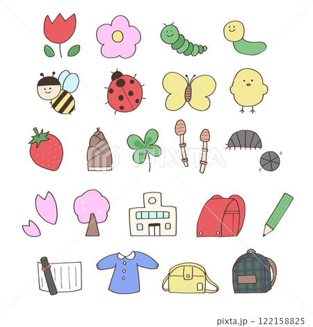 春のかわいい手描きアイコンセット 122158825