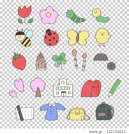 春のかわいい手描きアイコンセット 122158825