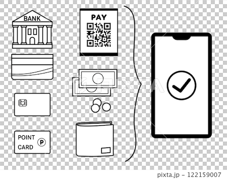 通帳やクレジットカード、ポイントカード機能がスマホに搭載されたイラスト 通帳やクレジットカード、ポイントカード機能がスマホに搭載されたイラスト 122159007
