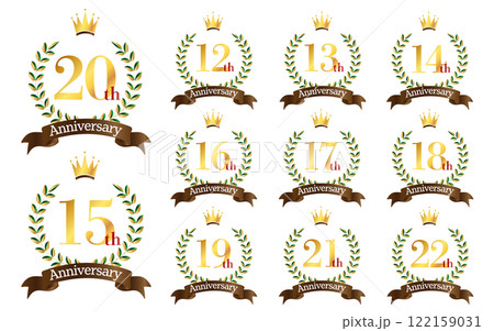 12～22周年イラスト　月桂樹の葉と王冠と茶色いリボンのマーク　アイコンセット 122159031