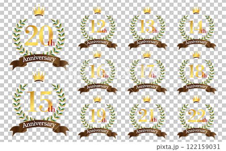 12～22周年イラスト　月桂樹の葉と王冠と茶色いリボンのマーク　アイコンセット 122159031