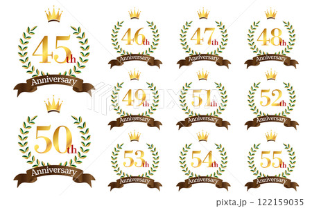 45～55周年イラスト　月桂樹の葉と王冠と茶色いリボンのマーク　アイコンセット 122159035